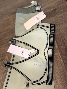 ALO Yoga Kids Mint Green Leggings & Sports Bra with Black Trim